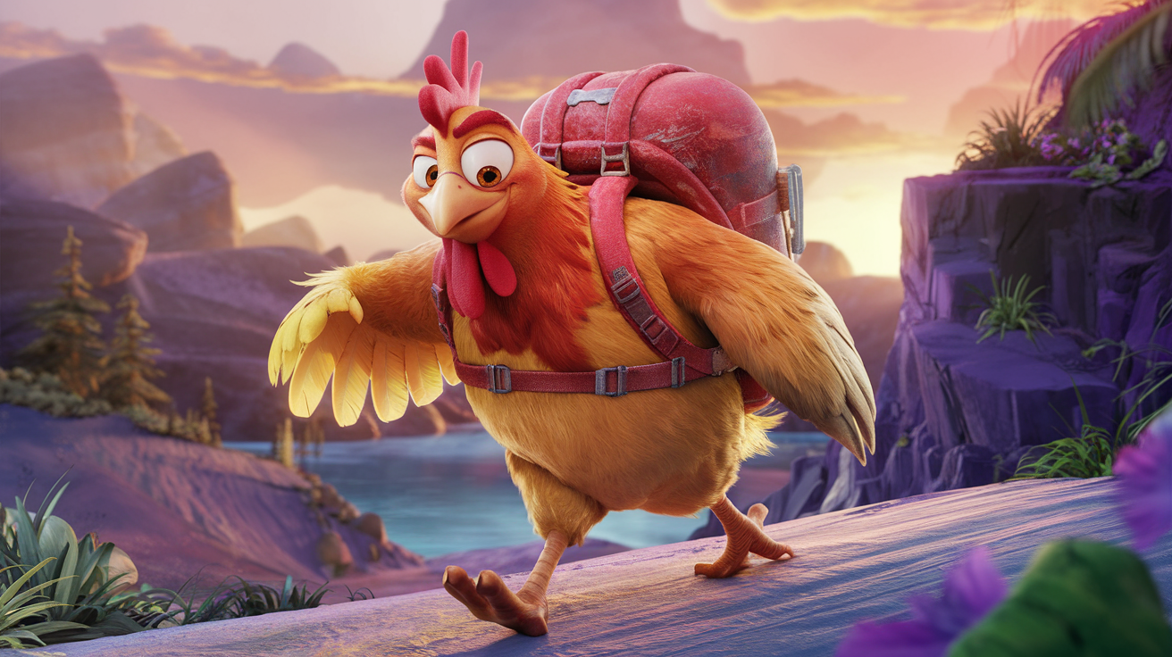 Max the chicken wearing a backpack, ready for adventure