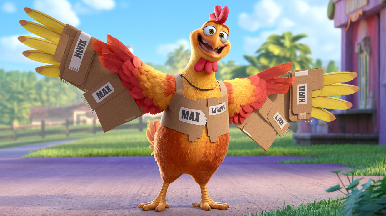 Max standing tall with cardboard wings, ready to fly
